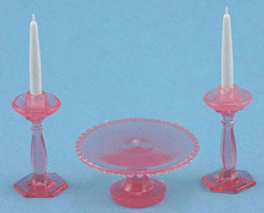 CB70P - Cake Plate with 2 Candlesticks, Pink