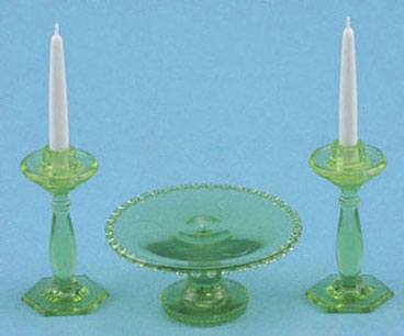 CB70G - Cake Plate with 2 Candlesticks, Green