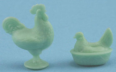 CB152J - Rooster & Hen Figurines, Jadite